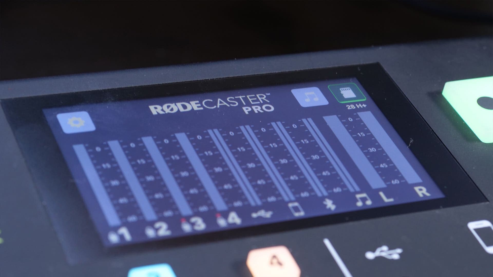 Image shows the broadcast meters displayed on the Rodecaster Pro's touch screen.