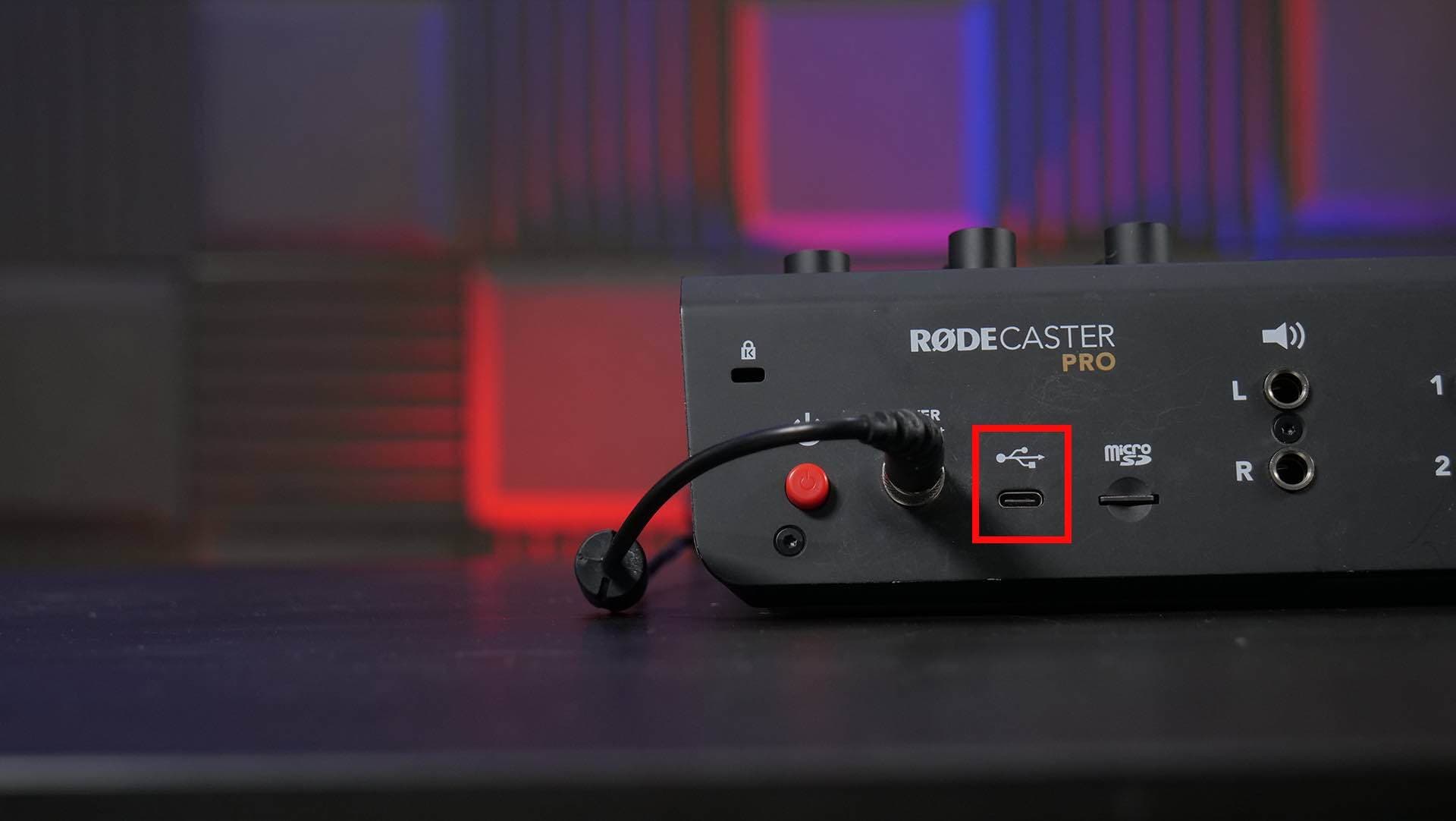 Image shows the back of the Rodecaster Pro, and the USB input is highlighted with a red square.