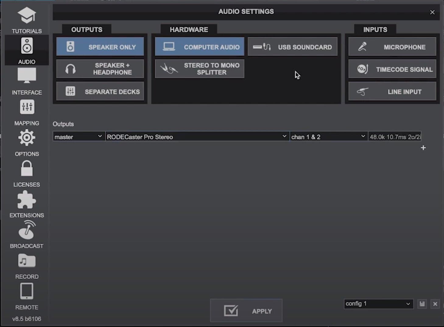 Image shows Virtual DJ Settings for setting up the RODECaster Pro.