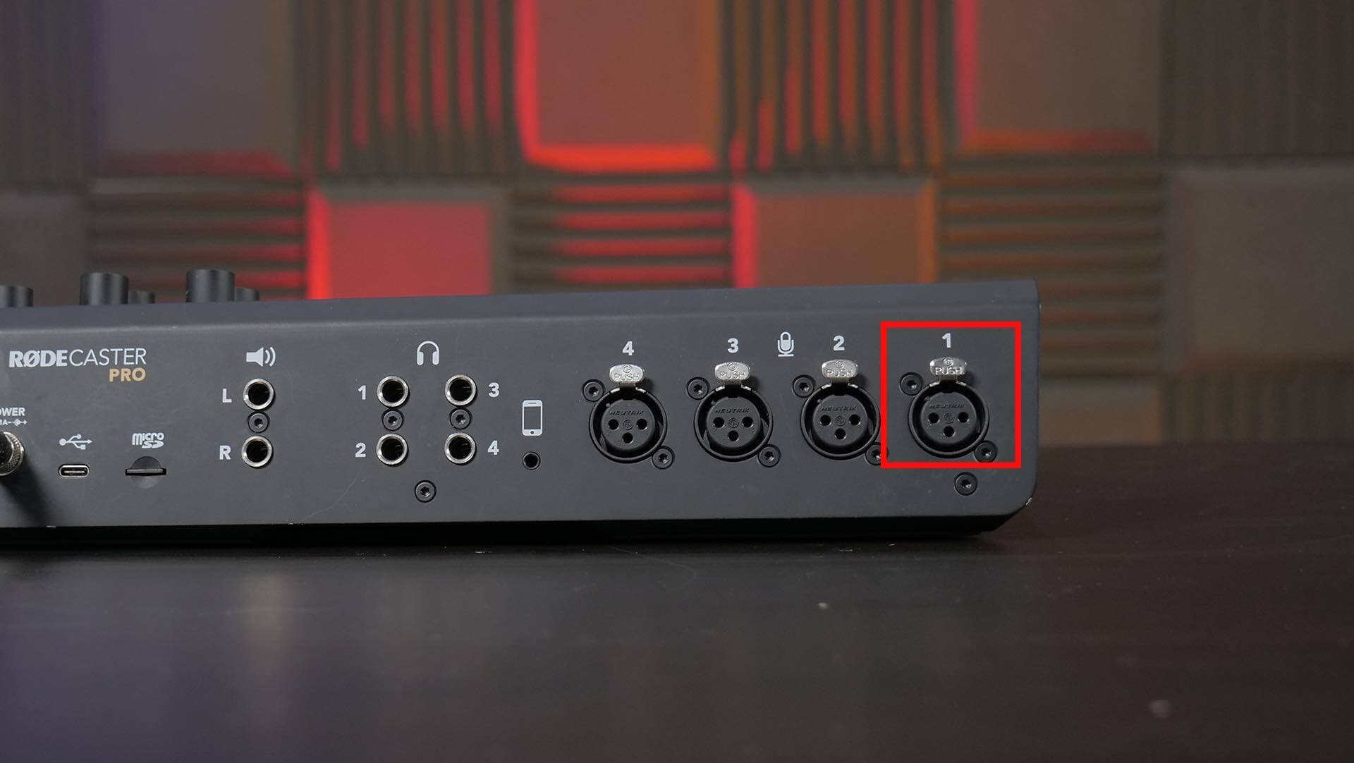 Image shows the back of the Rodecaster Pro, and the XLR input is highlighted with a red square.