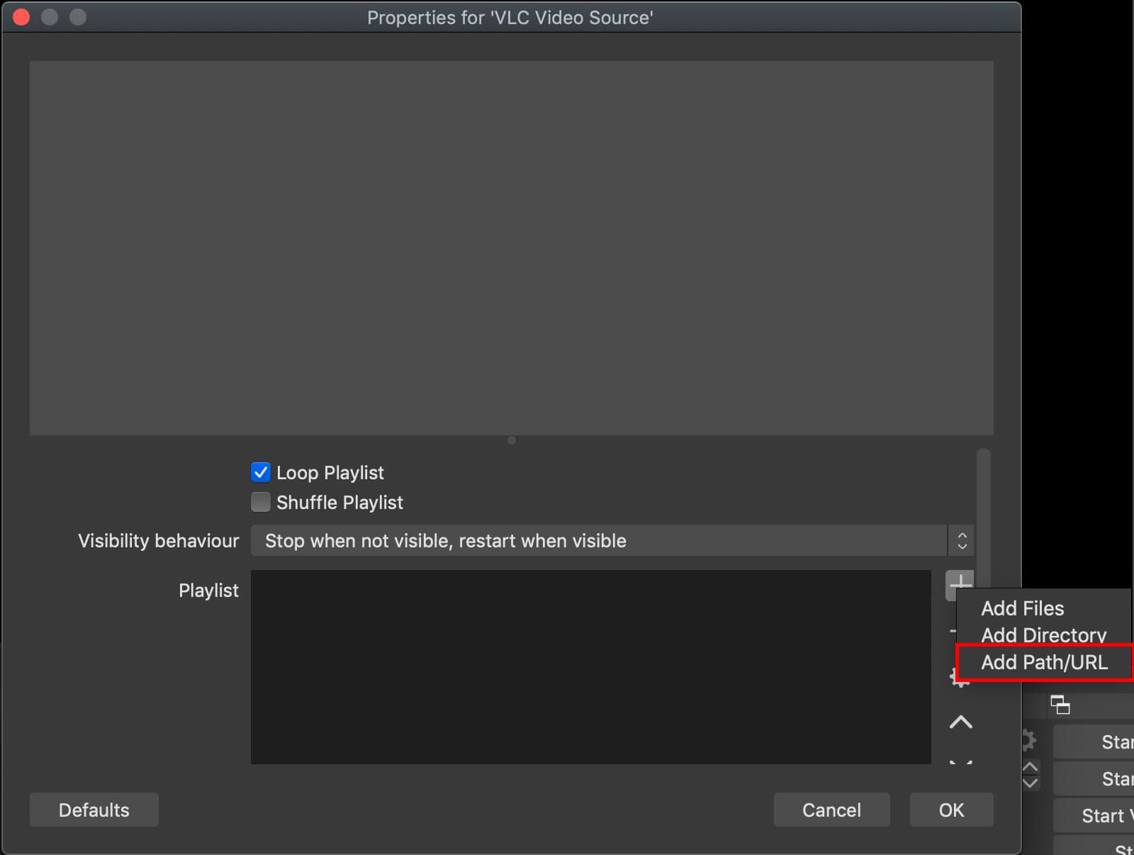 Image shows how to add in a YouTube URL in OBS.
