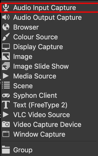 Image shows the list of sources for an OBS scene and 'audio input capture' is highlighted,.