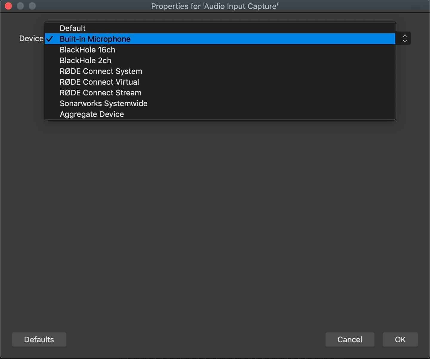 Image shows an example list of devices available in OBS and 'built-in microphone' is highlighted.