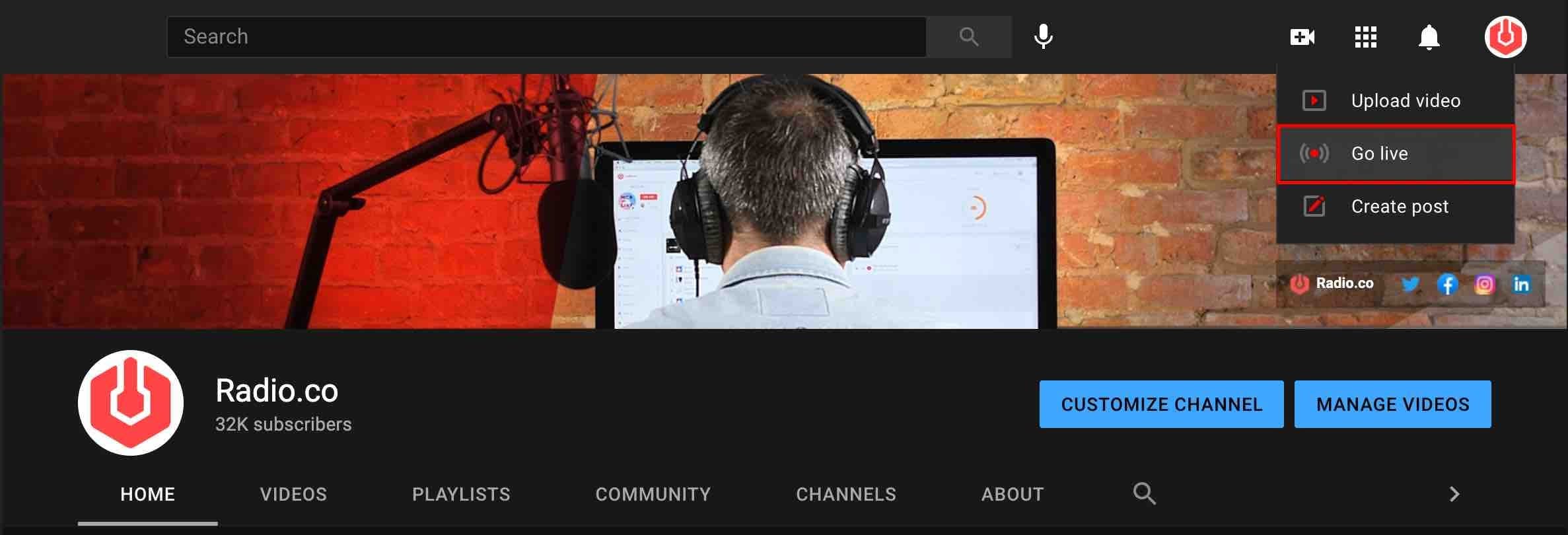 Image shows the 'Go Live' button on the Radio.co YouTube channel.