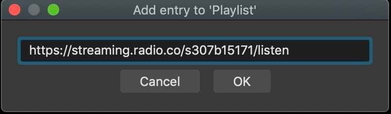 Image shows a radio.co listen link being added as an entry to 'Playlist' in OBS.
