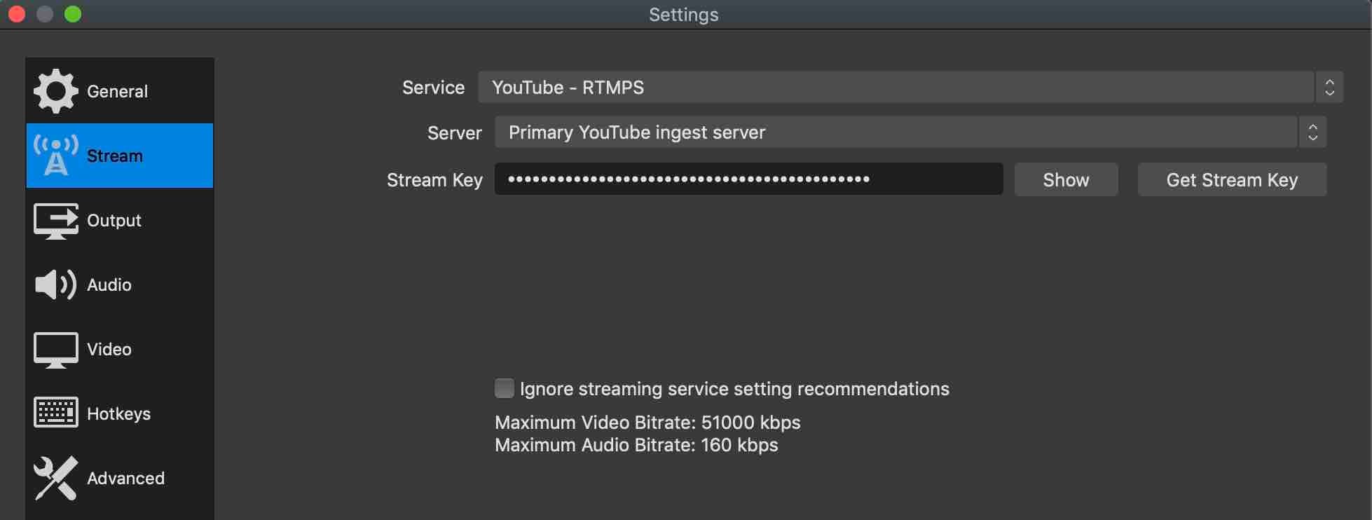 Image shows the OBS stream settings options, including where to paste the YouTube stream key.