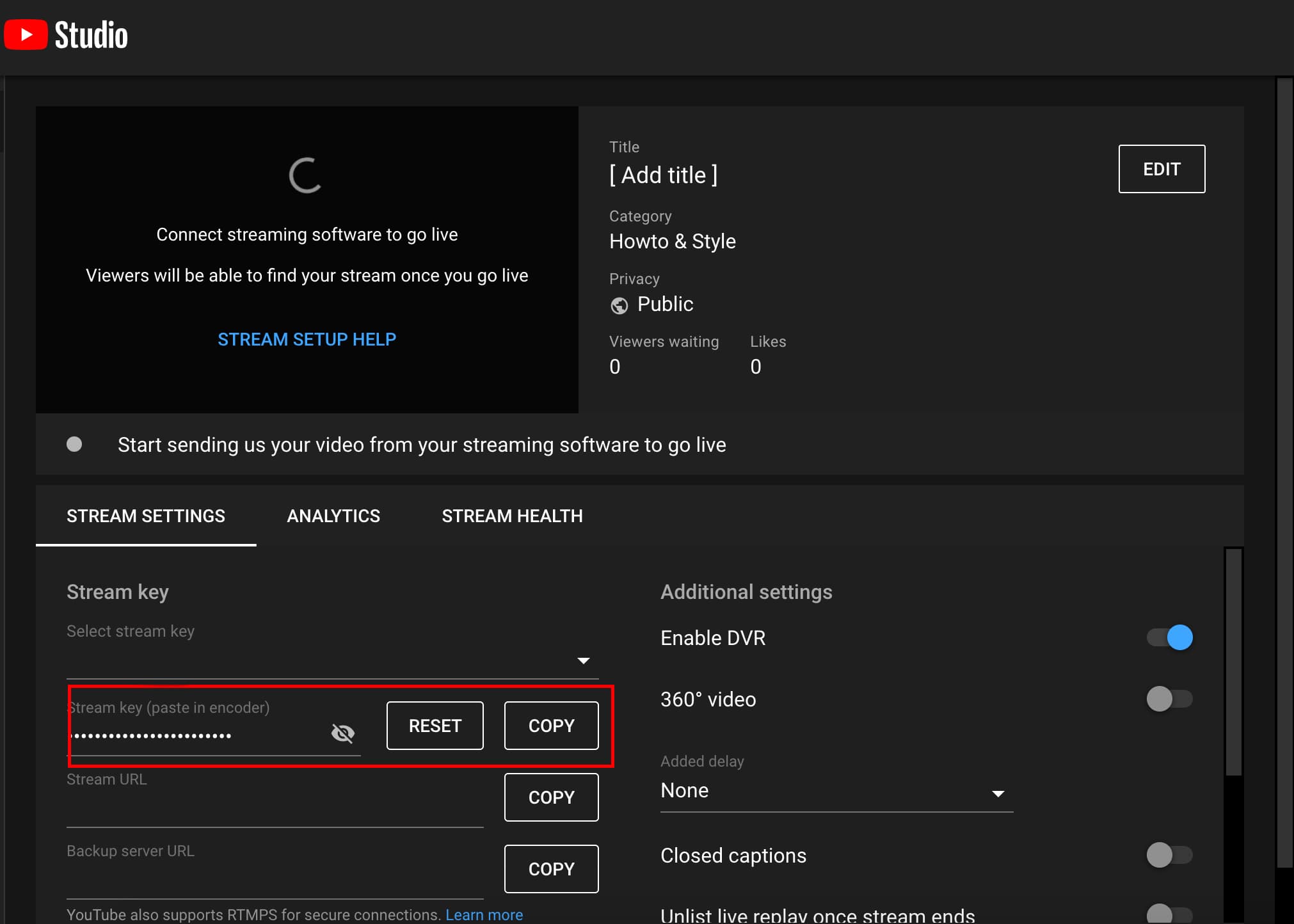 Image shows the YouTube broadcasting settings with the YouTube Stream Key higlighted.