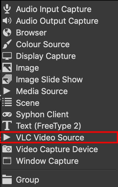 Image shows the list of sources for a scene in OBS. VLC Video Source is highlighted.