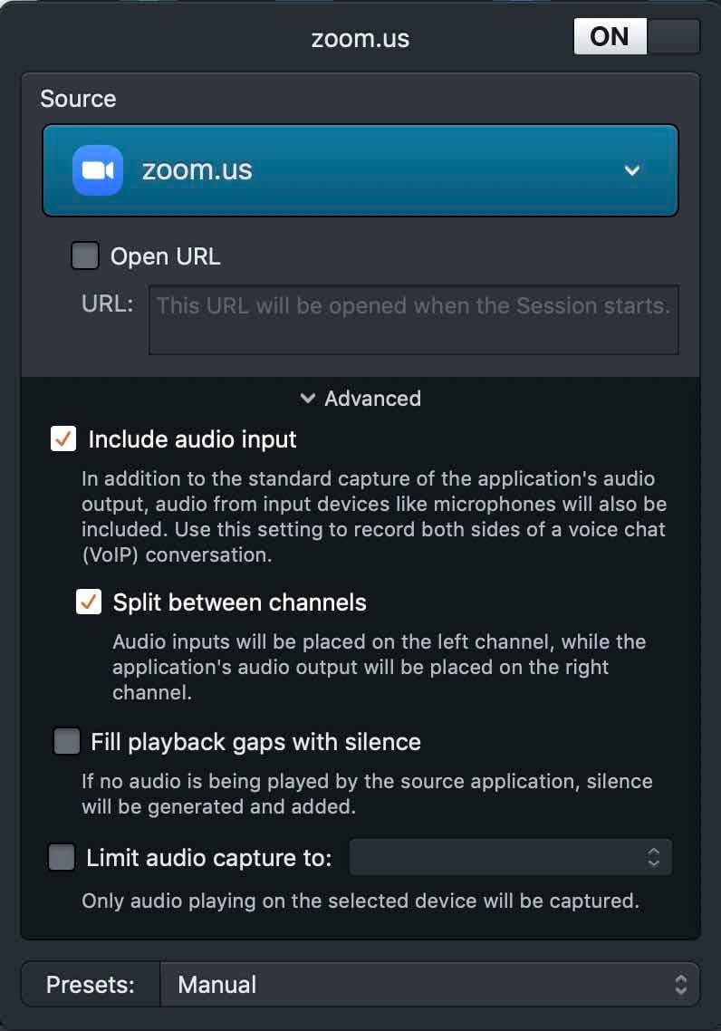 Image shows the Audio Hijack Application Settings for Zoom.