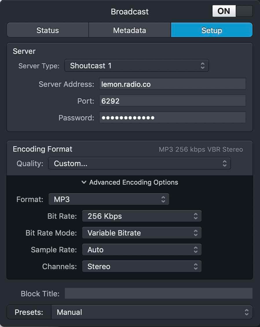 Image shows the 'broadcast' block settings within Audio Hijack.