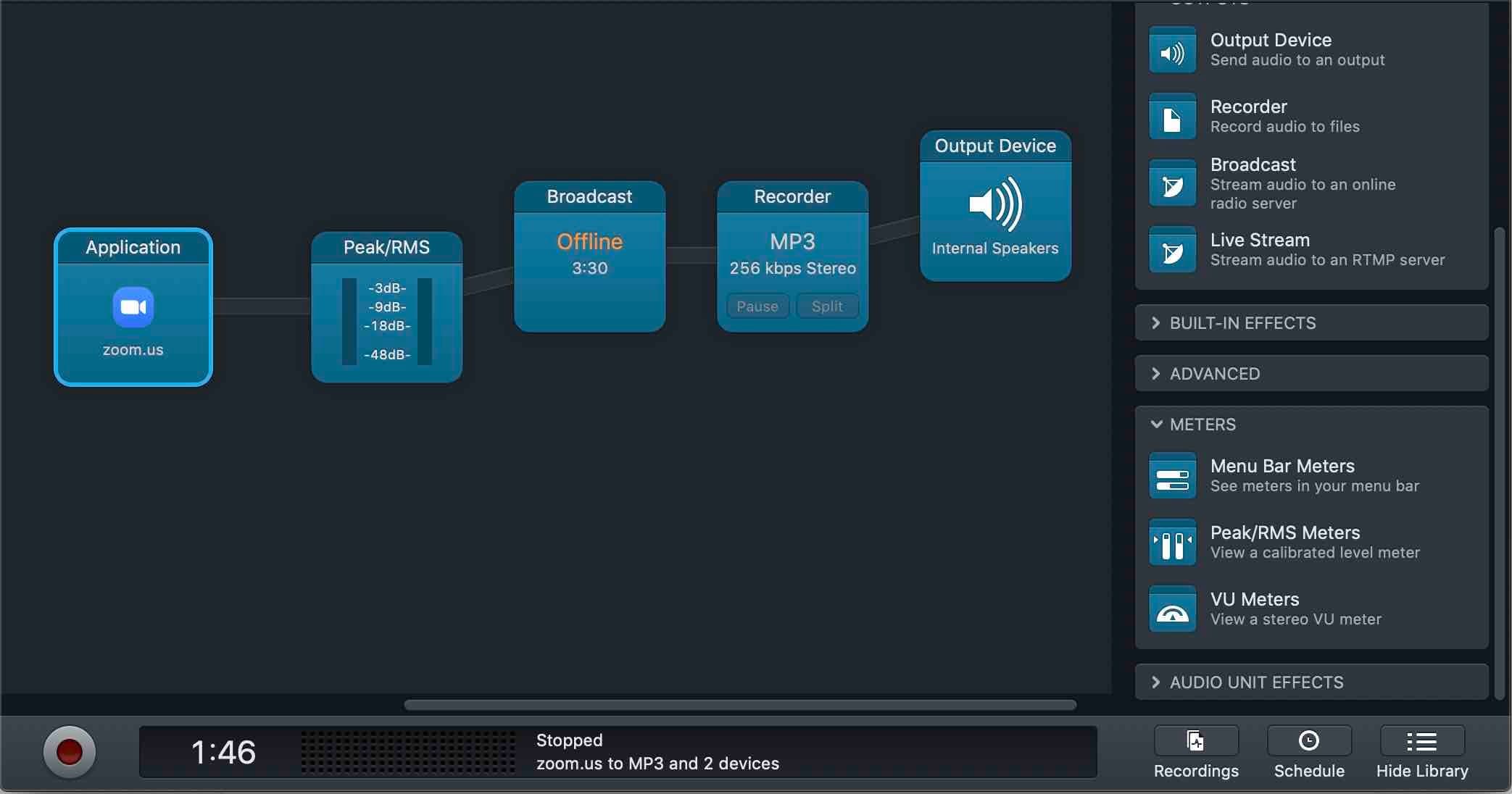 Image shows a 'session' within Audio Hijack, showing the audio path for setting up Zoom calls to a radio station.