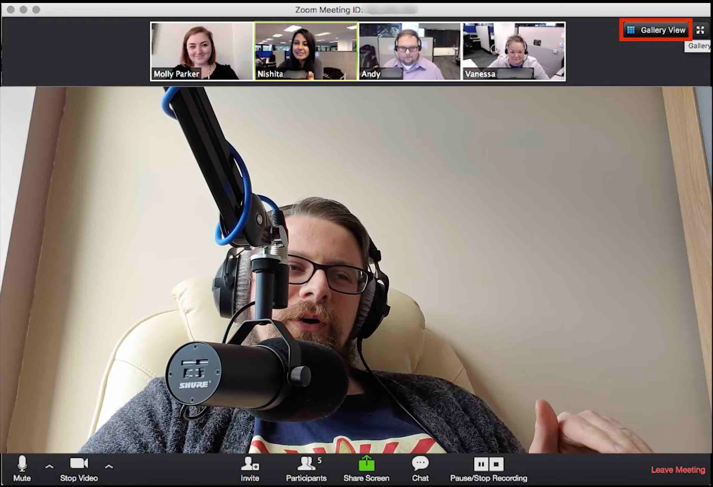 Image shows a man having a 4-way Zoom radio conference call.