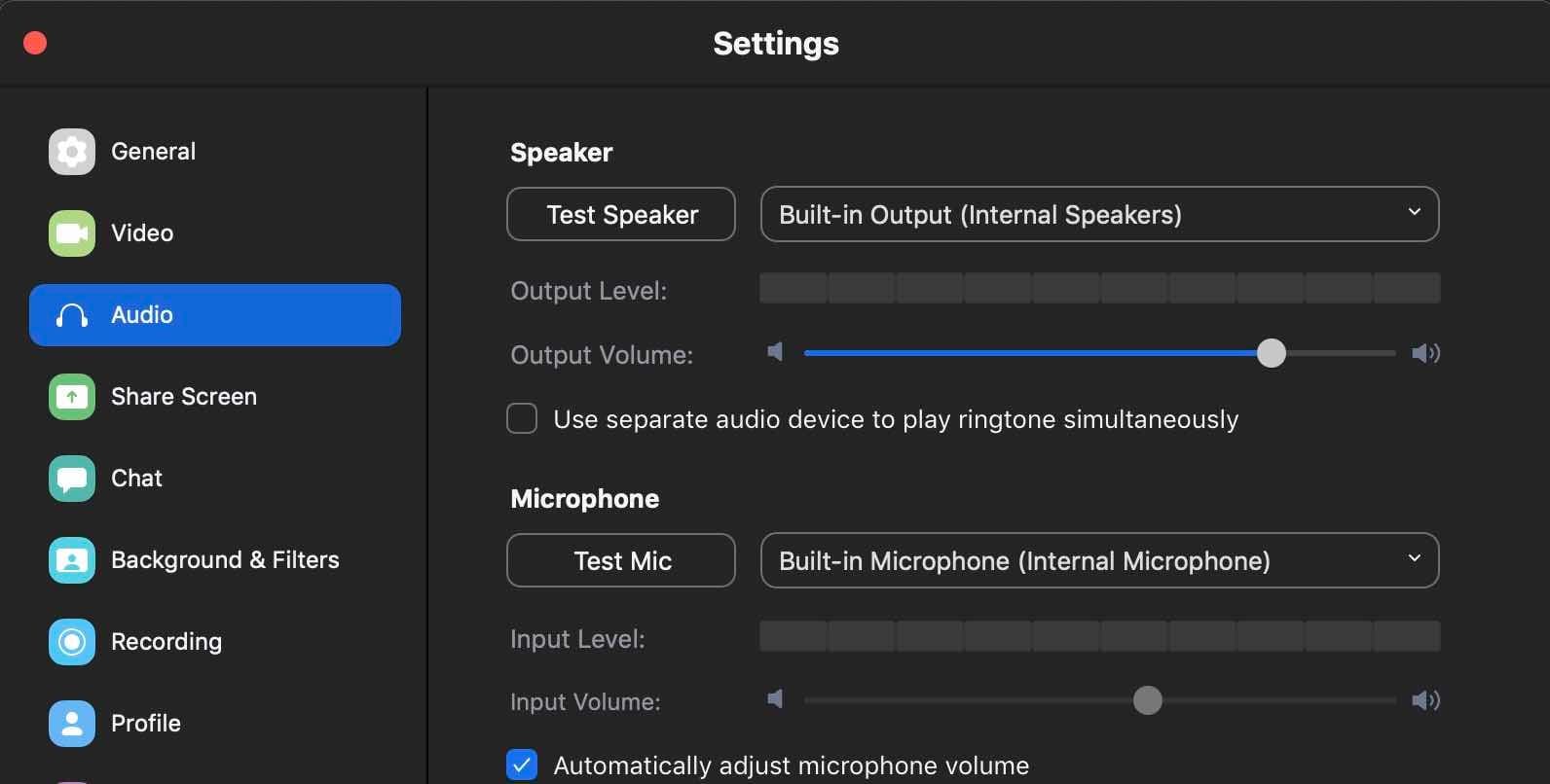 Image shows the Zoom audio settings.