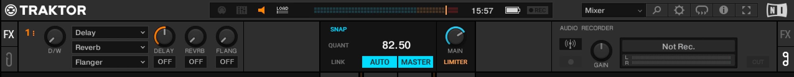 This is a thin black strip of a screenshot illustrating how to broadcast through Traktor. This is step 1 of the process.