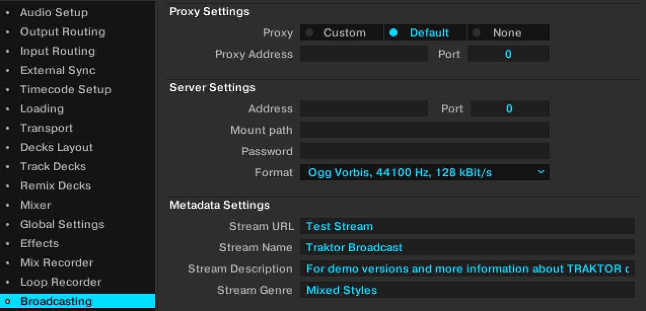 This is a thin black strip of a screenshot illustrating how to broadcast through Traktor. This is step 3 of the process.