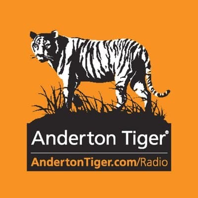 Image shows the logo for Anderton Tiger: an orange square, with a black and white tiger standing on grass, and underneath is the text "Anderton Tiger, AndertonTiger.com/Radio"