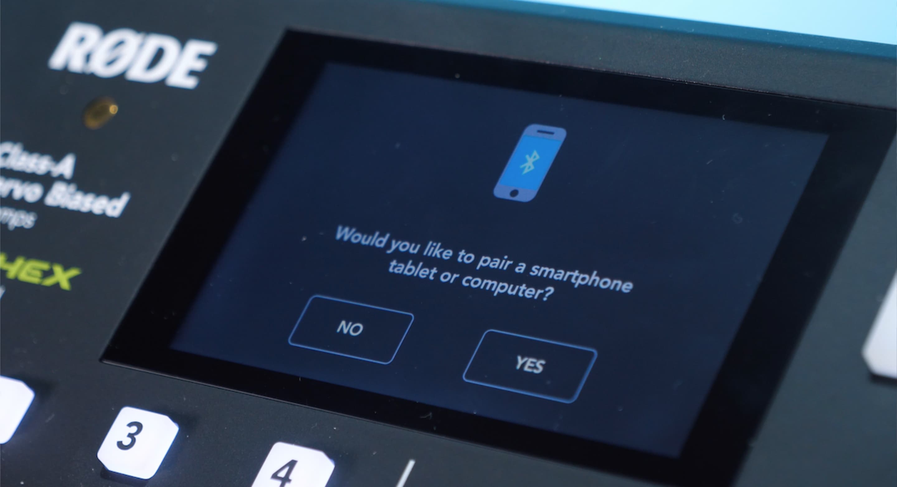 Image shows a close-up of the touch screen on the Rodecaster Pro.