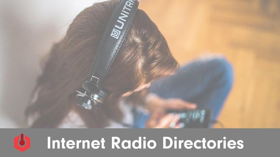 This is a faded image of a brunette woman looking down and listening to headphones. She is holding her phone. At the bottom is a grey banner graphic reading "Internet Radio Directories", and to the left of that is a red logo for Radio.co.