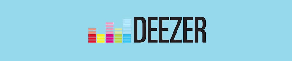 This is the logo for Internet Radio Directory Deezer. It is a sky blue with black text. on the left is a rainbow coloured soundlevel illustration.