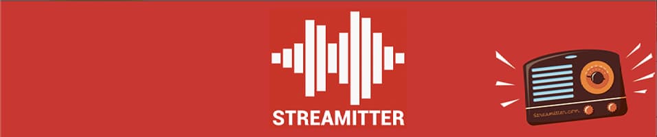 this is the logo for Internet Radio Directory Streamitter. The centre displays a soundbite image with Streamitter underneath it in white text. On the right is an illustration of a radio.