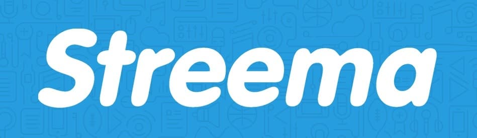 This is the logo of the Internet Radio Directory service Streema. It is a royal blue background with white bubble text of Streema across the middle.