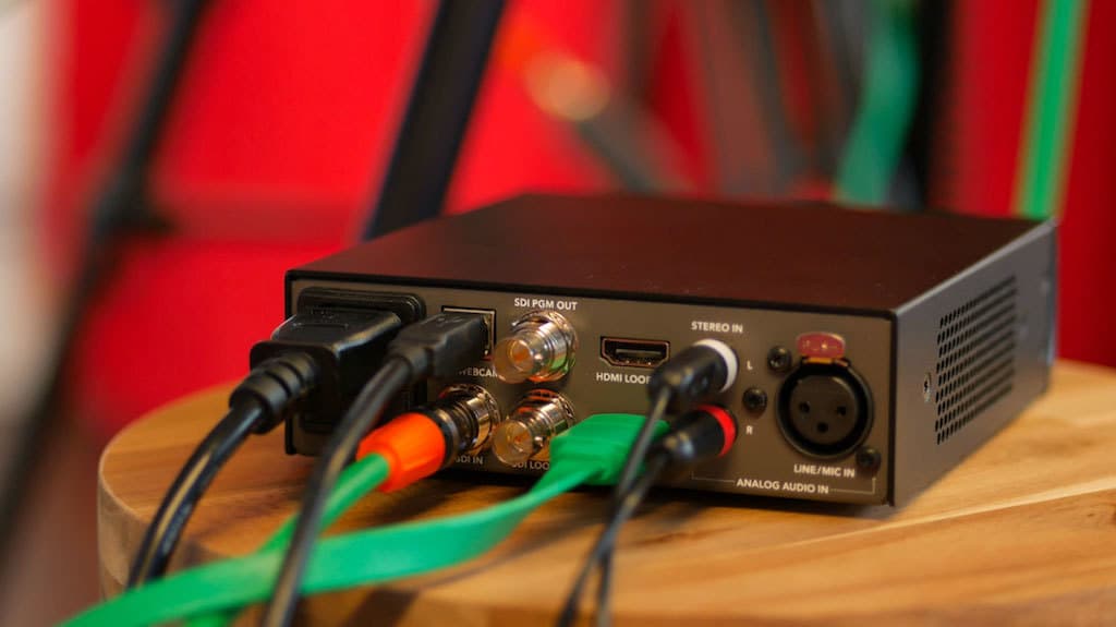 Image shows the back of the Blackmagic box, where all the inputs and output connections are.