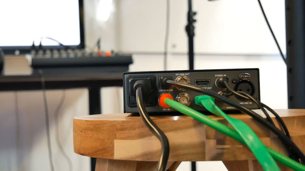 Image shows the back of the Blackmagic box, where all the inputs and output connections are.