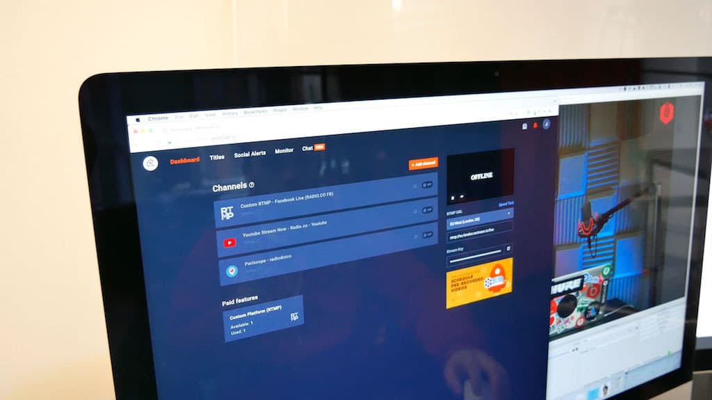 Image shows the Restream software being used on a laptop.