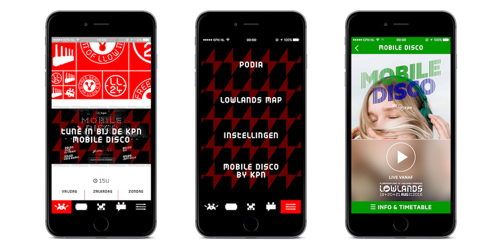 There are three smart phones in the image. On the third phone there is a green and red text reading Mobile Disco App. In the middle is a black and red list of elements of the site. The first screen is another homepage of Mobile Disco.