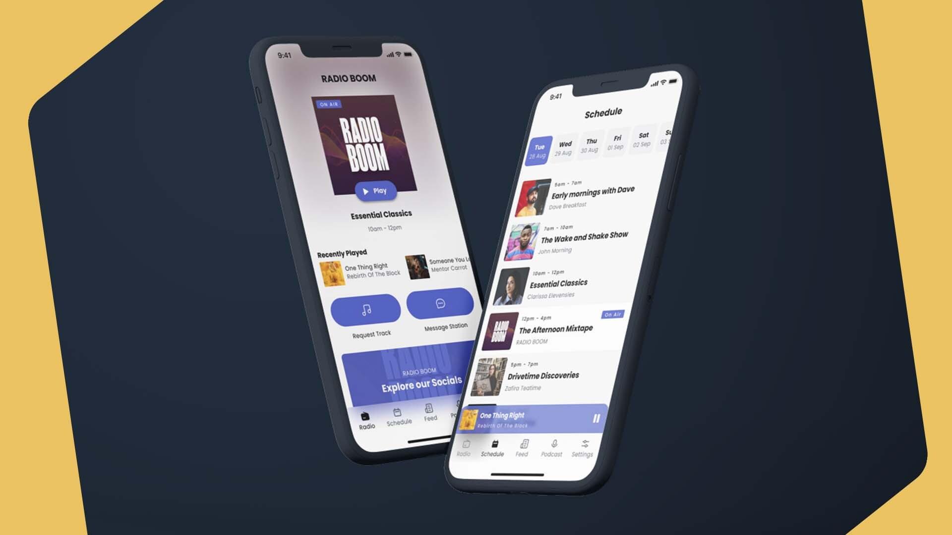 This is an image of two smartphones open on the App store. There are yellow borders either side.