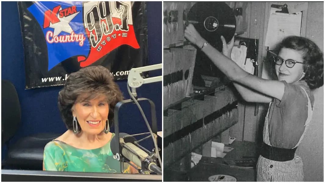 Two photos of Mary McCoy side by side. On the left is a more recent colour photo of McCoy in a radio studio, on the right is an older black and white photo of a young McCoy pulling out a record.