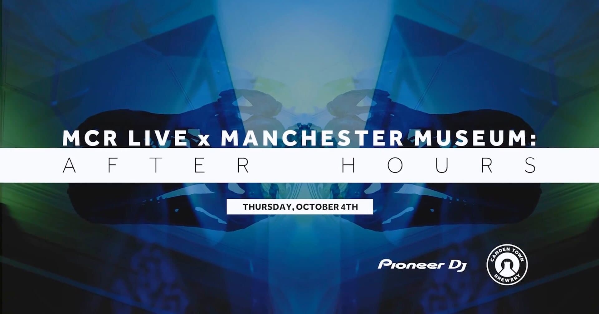 This is an image of a MCR Live event ad with Pioneer at Manchester Museum It reads MCR LIVE x MANCHESTER MUSEUM AFTER HOURS on a white banner over a backdrop of a silhouetted TRex