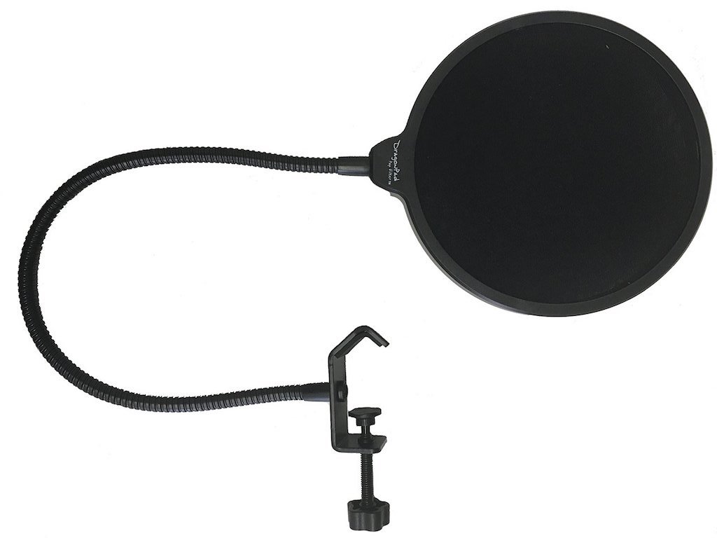 This is a black Microphone Pop Filter (Dragon Pad) against a white background.