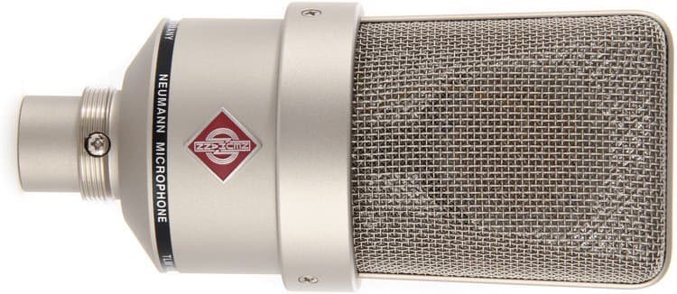 Image shows the silver Neumann TLM 103 microphone, on it's side against a white background.