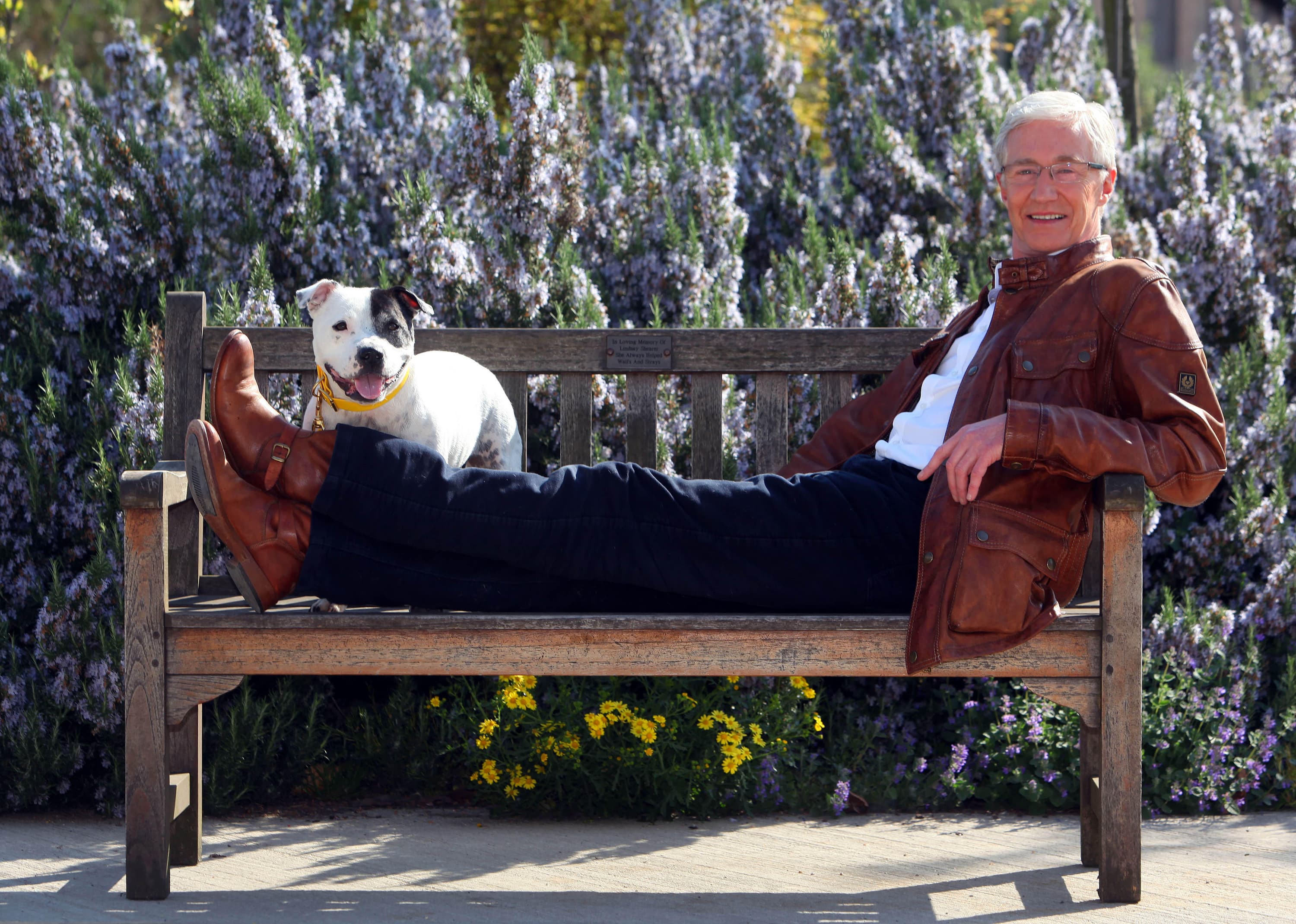 A photo of Paul O'Grady lying on a bench, with a dog the sitting on the bench by his feet.