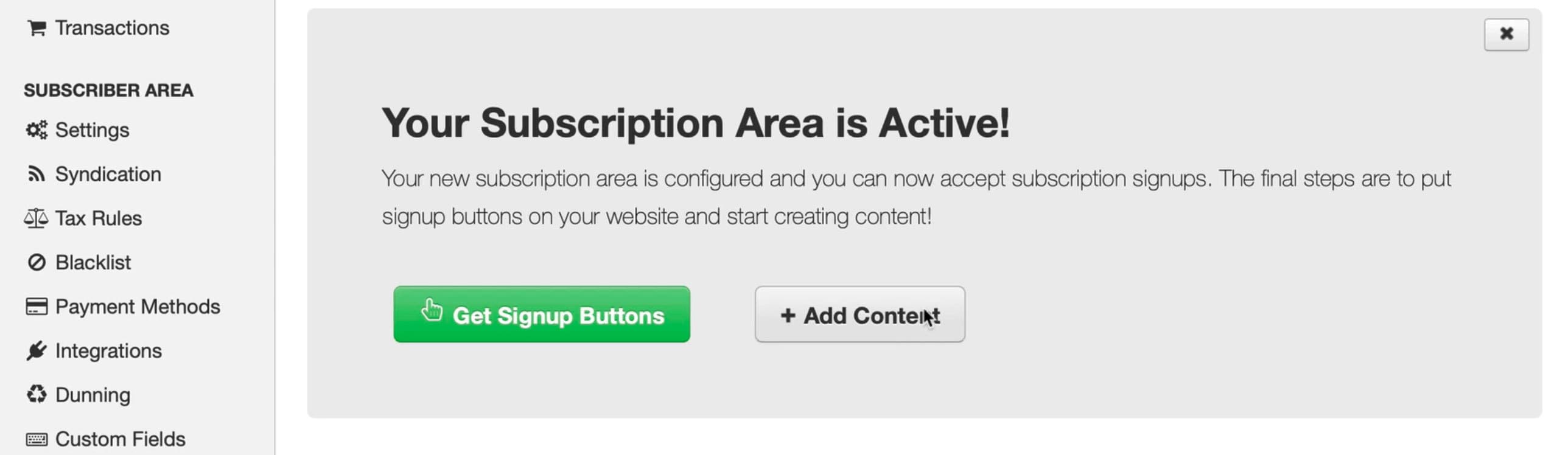 Image is a screenshot showing the 'Add Content' button once an active subscription area has been set up.