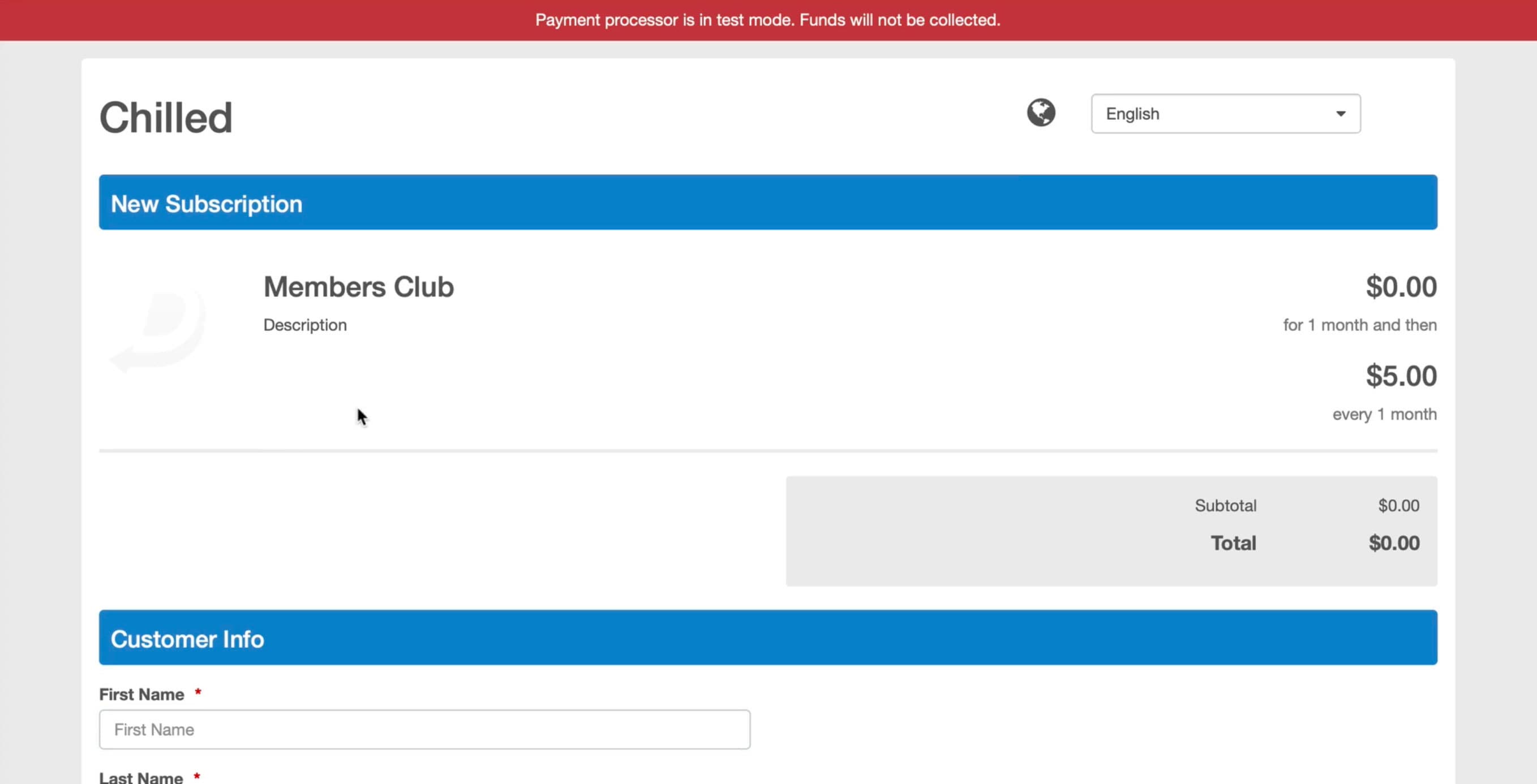 Image shows the 'New Subscription' window for users on the radio station website example.