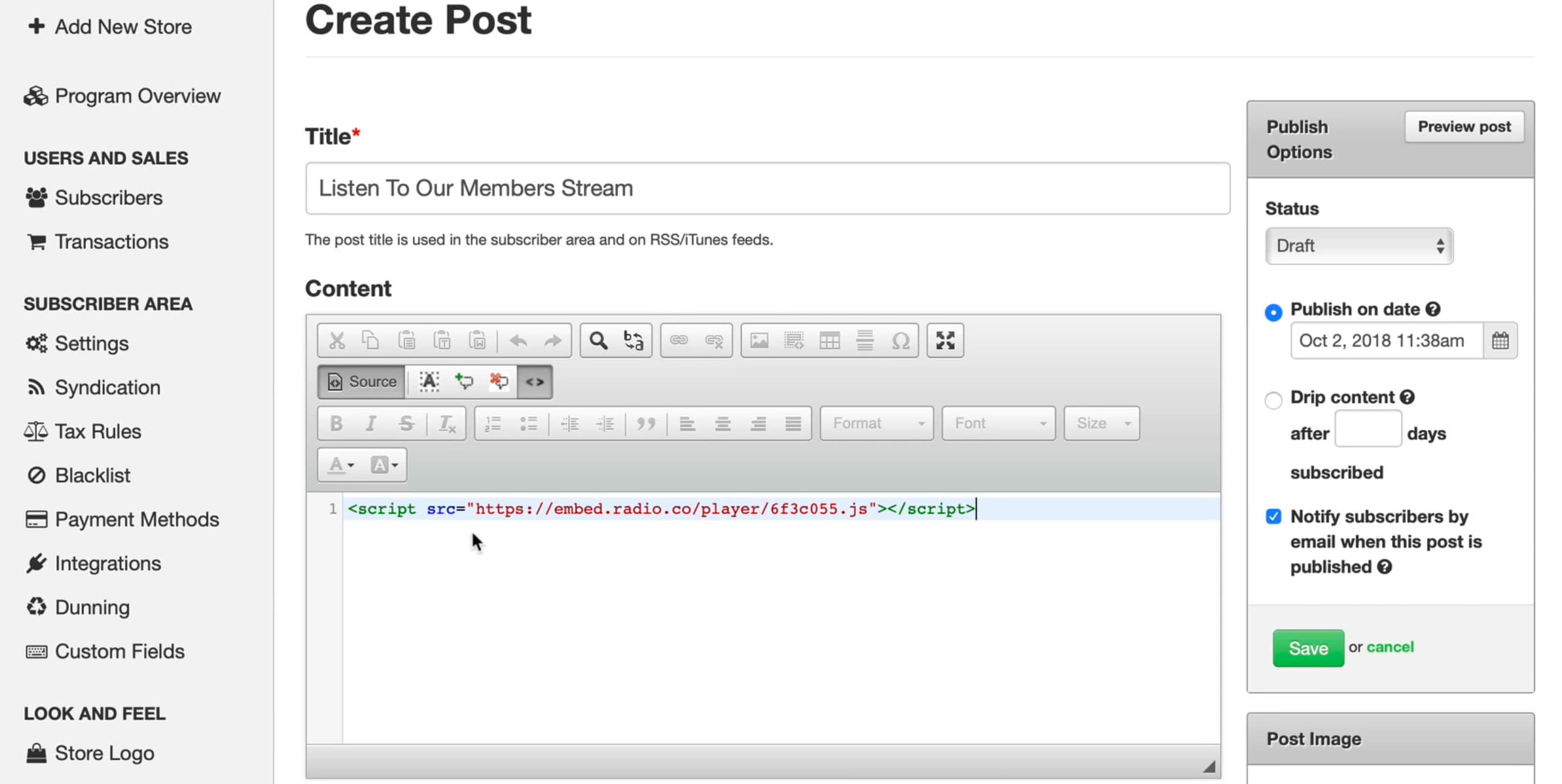 Image shows the 'Create Post' window for adding content behind your subscription.