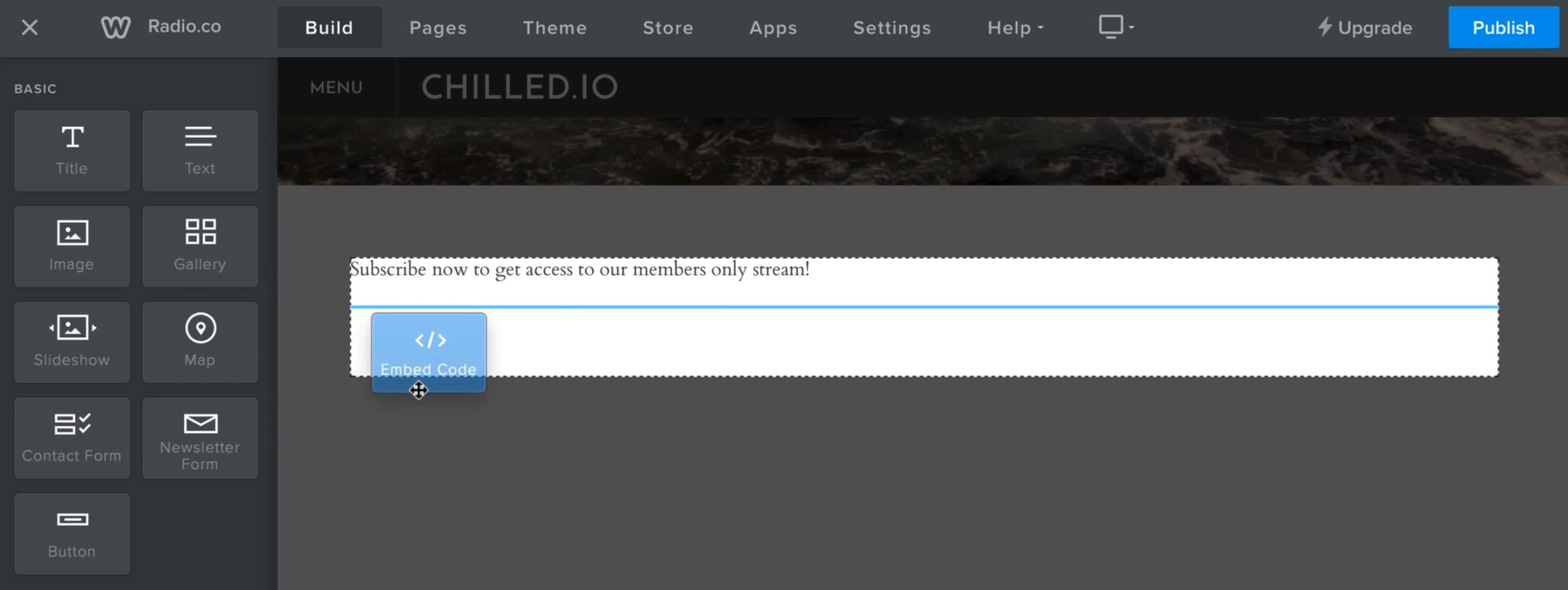 Image is a screenshot showing the embed code for a button being copied on to a radio station website example.