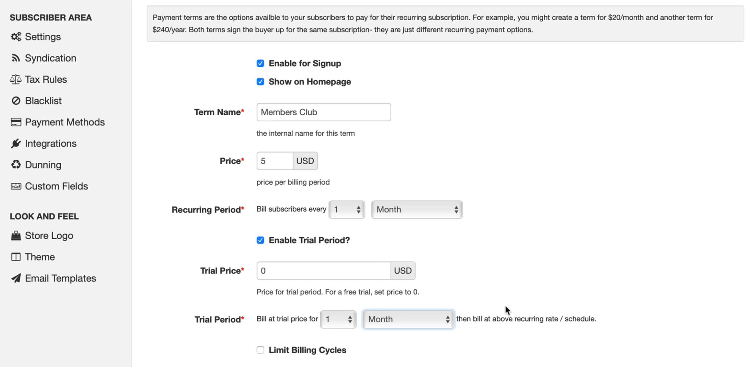 Image is another screenshot of the Subscriber Area Settings within DPD.