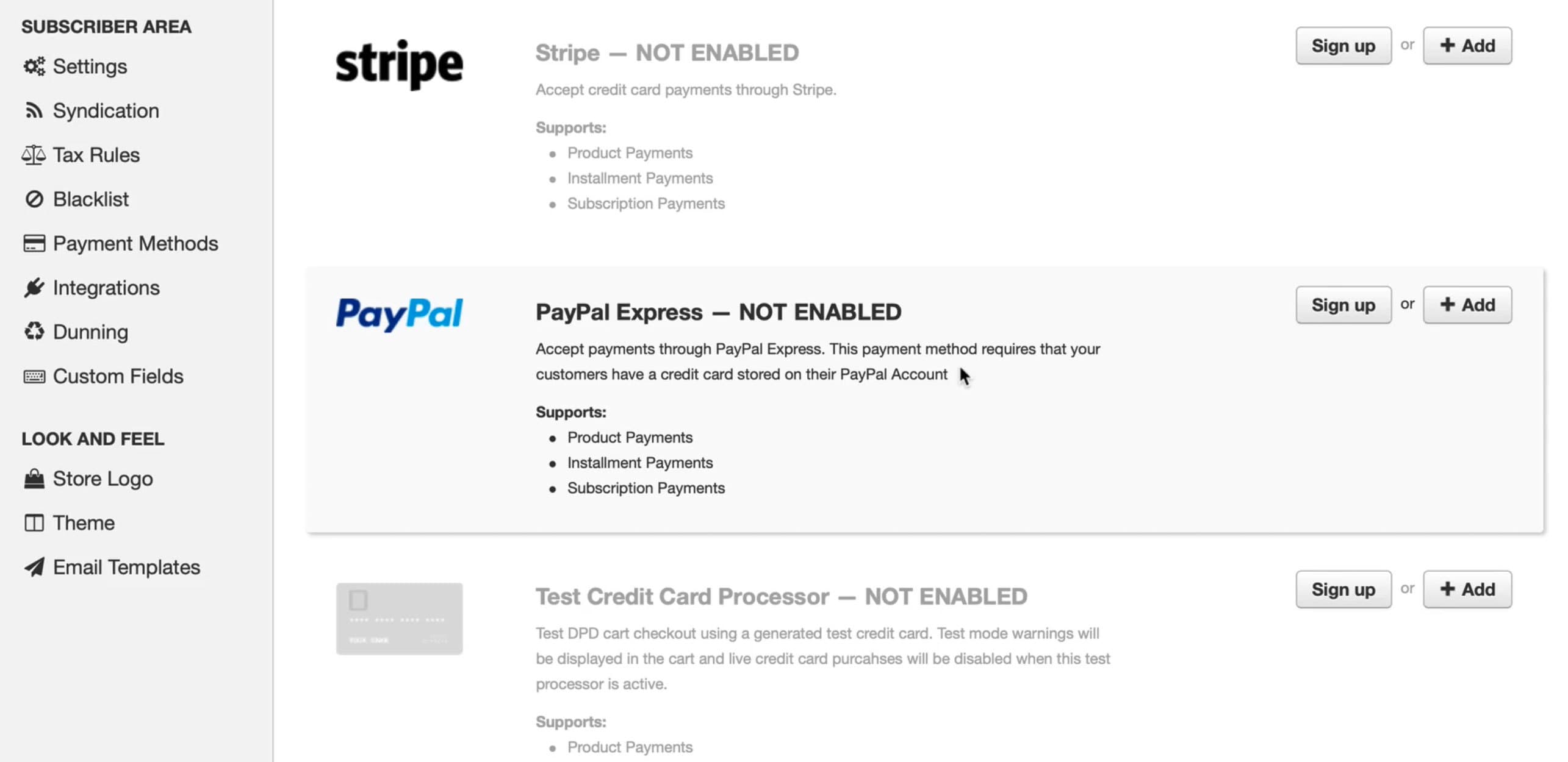Image is a screenshot of the payment preferences in the Subscriber Site Setup within DPD.
