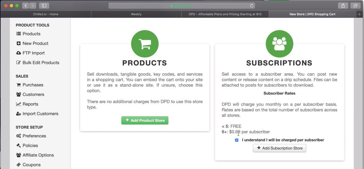Image is a screenshot showing the two options in creating a 'store' on the DPD website.