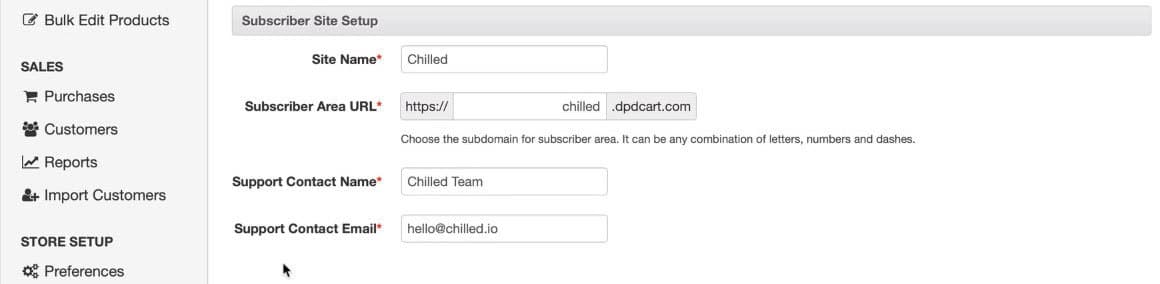 Image is a screenshot of the Subscriber Site Setup within DPD.