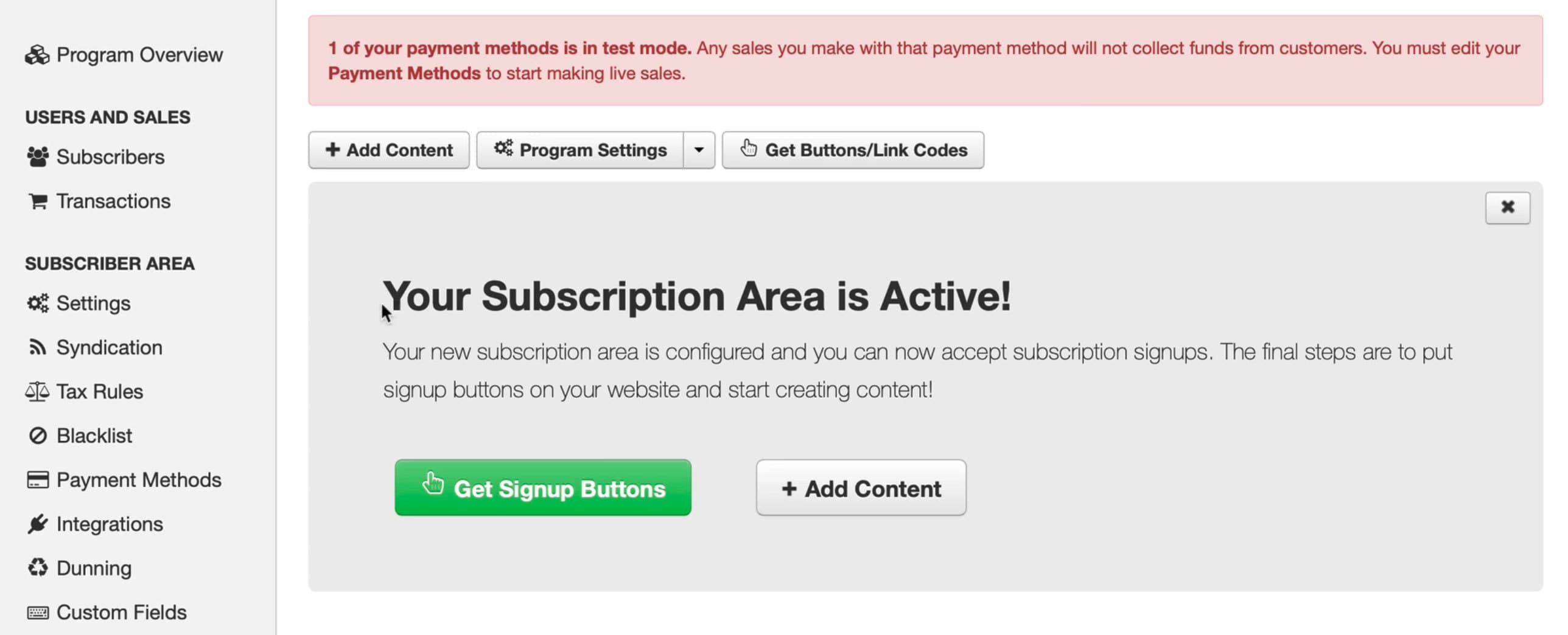 Image is a screenshot showing an active subscription area has been set up in DPD.
