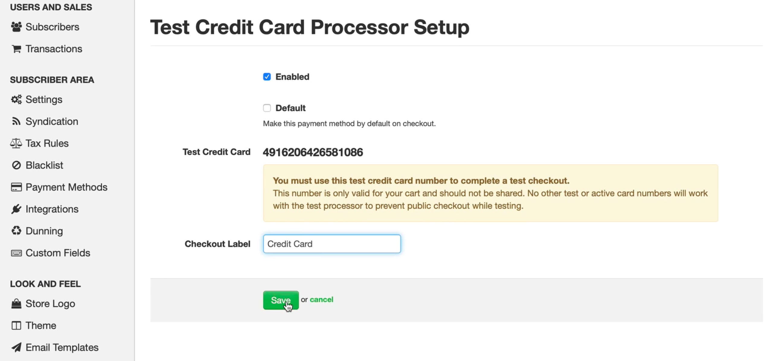 Image is a screenshot of the Test Credit Card Set Up within DPD.