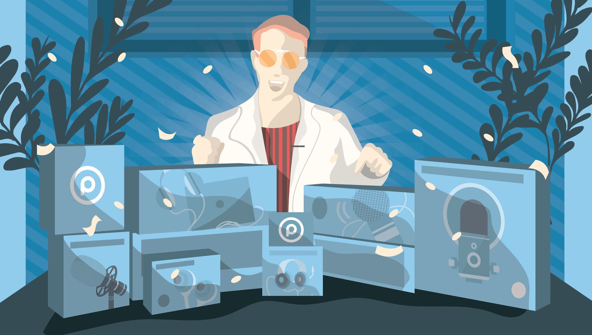 This is a blue illustration of plenty of audio gear in boxes. There is a drawing of a white man with yellow sunglasses and a suit smiling as he points to all the boxes available for giveaway.