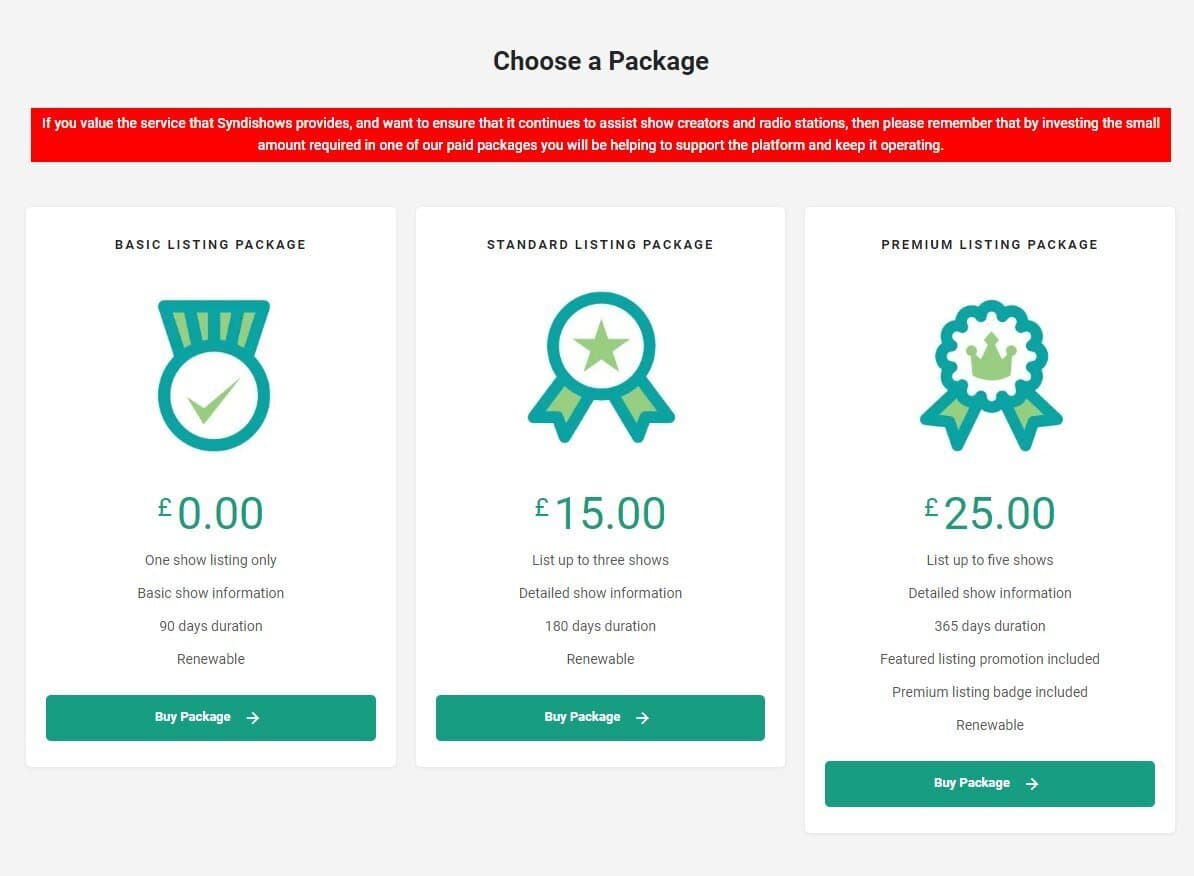 Image shows the pricing page and package options from the Syndishows website.