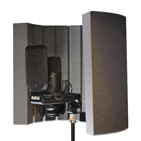 Image shows the Pro Acoustic Foam Sound Booth around a RODE mic and mic stand, against a white background.
