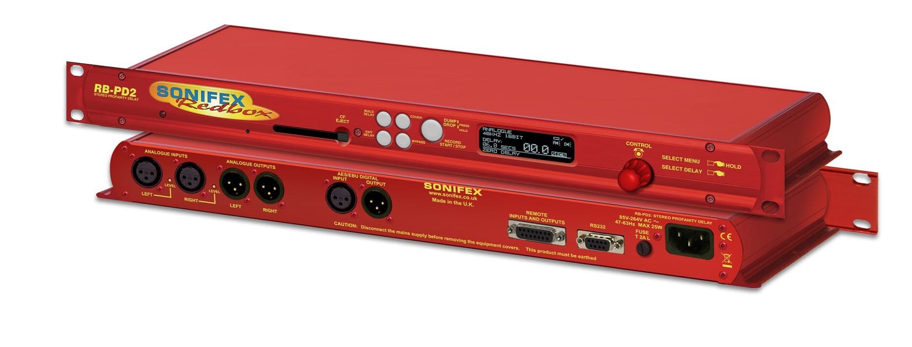Image shows a red sonifex delay system against a white background.