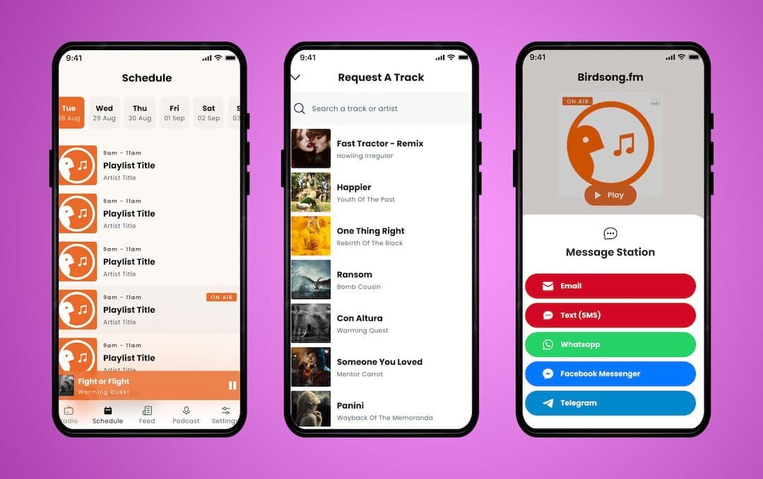 Three smartphones side by side, each showing a different feature of the Birdsong.fm app.